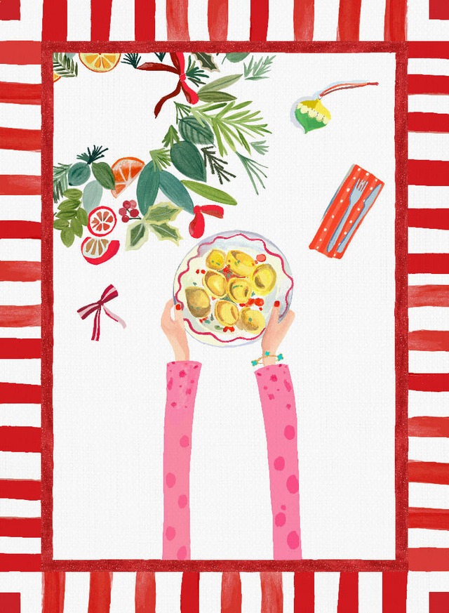 クリスマスリネンコットンキッチンクロス　ハンド オン　トルテッリーニ