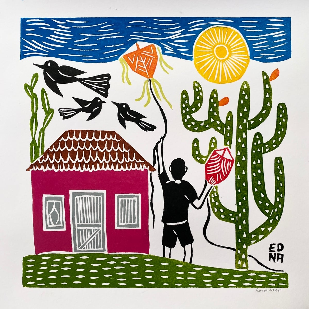 EDNA SILVA エジナ・シルバ 木版画 M 正方形【凧あげ】