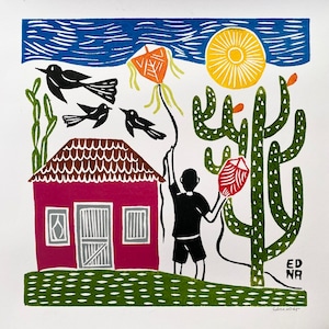 EDNA SILVA エジナ・シルバ 木版画 M 正方形【凧あげ】