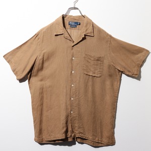 美品 L 完全無地 タン CLAYTON ガーゼ織りリネンコットン クレイトン Polo Ralph Lauren ポロラルフローレン 黒 半袖シャツ
