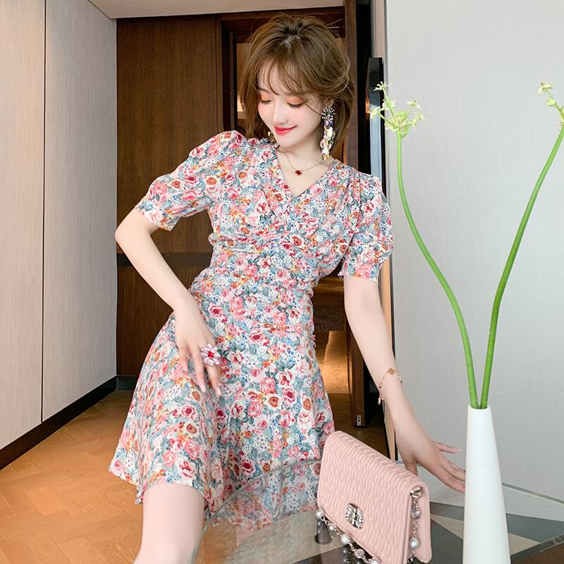 Vネックハイウェストウェストフローラルドレス サマースタイル 夏物 花柄 MIUCO17142684674