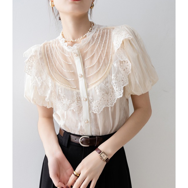 ビーズ レース パフスリーブ ブラウス_H96