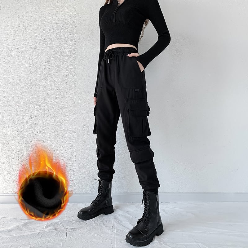 ブラック カーゴ パンツ レディーススキニー ハイウエスト ルーズ