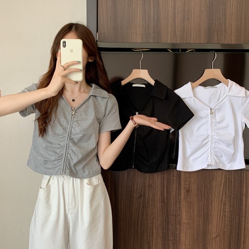 ジッパープリーツショートTシャツ サマーカラーソリッド ジャケット 夏物 ソリッドカラー YY-ファッション33727817318