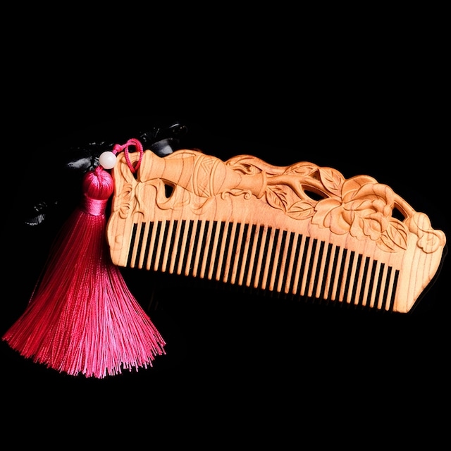 木製くし·櫛 両面彫り 桃の木櫛 タッセル 美髪 誕生日プレゼント 静電気防止