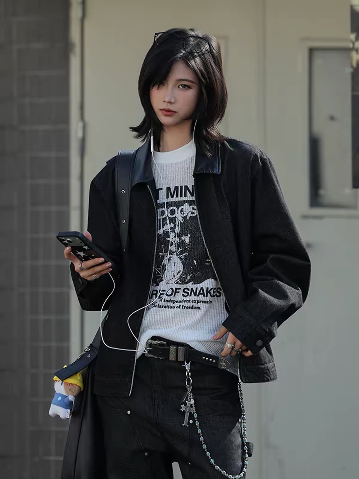 レザーカラージップジャケット / LEATHER COLLAR ZIP JACKET