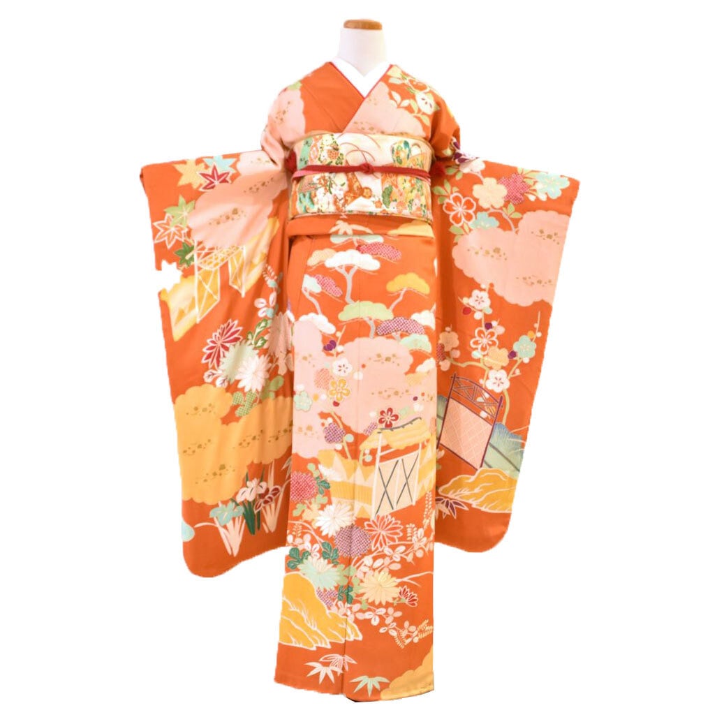 振袖 レンタル フルセット ヴィンテージ振袖 ビンテージ 昭和初期 M〜Lサイズ 菊刺繍松竹梅文様 【KIMONO梅千代】 umefv0036