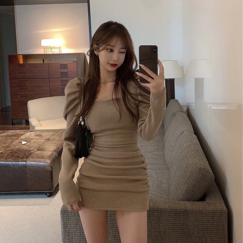 ニットドレス ブラックスタンダードスカート スプリング ロング レトロ 春物 スクウェア ブラックストロベリース29090625126