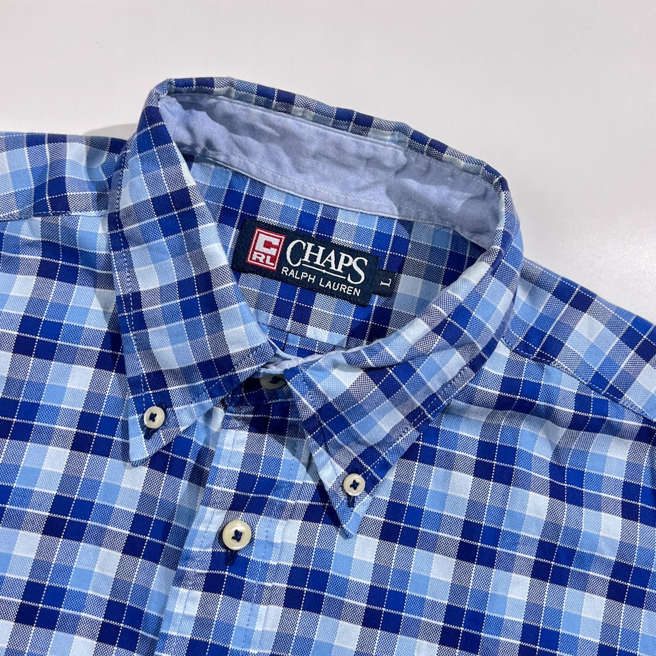 90s CHAPS RALPH LAUREN チャップス ラルフローレン チェック柄 BD ボタンダウン オックスフォード 半袖 シャツ サイズ L /ブルー系 メンズ ビンテージ