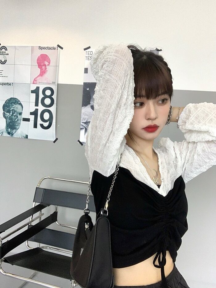 巾着折りたたみコントラストカラーステッチパフスリーブデザインシャツトップス女性長袖秋2020新しい女性の服 クレセントシティ5437365144