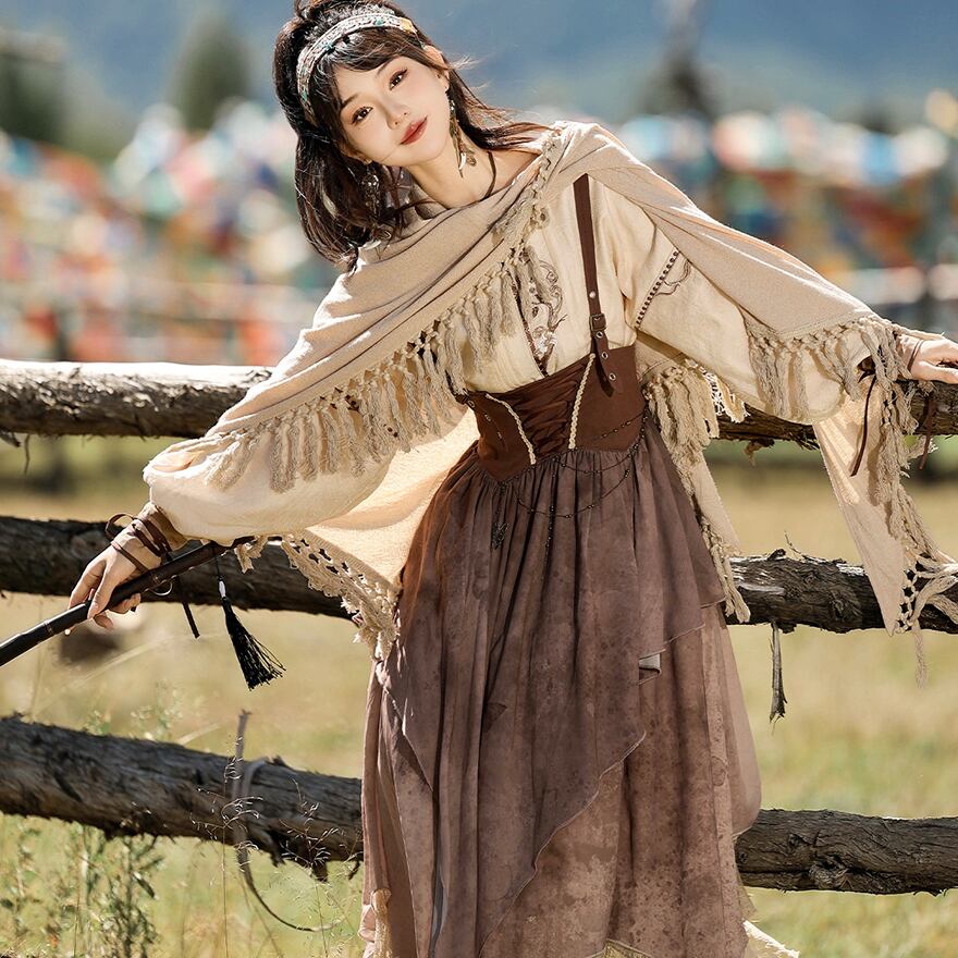 SEASONZ パンク 3点セット ブラウス ストラップスカート ショール シャツ オーバーオール スチームパンク エスニック調 舞台衣装 ステージ イベント衣装