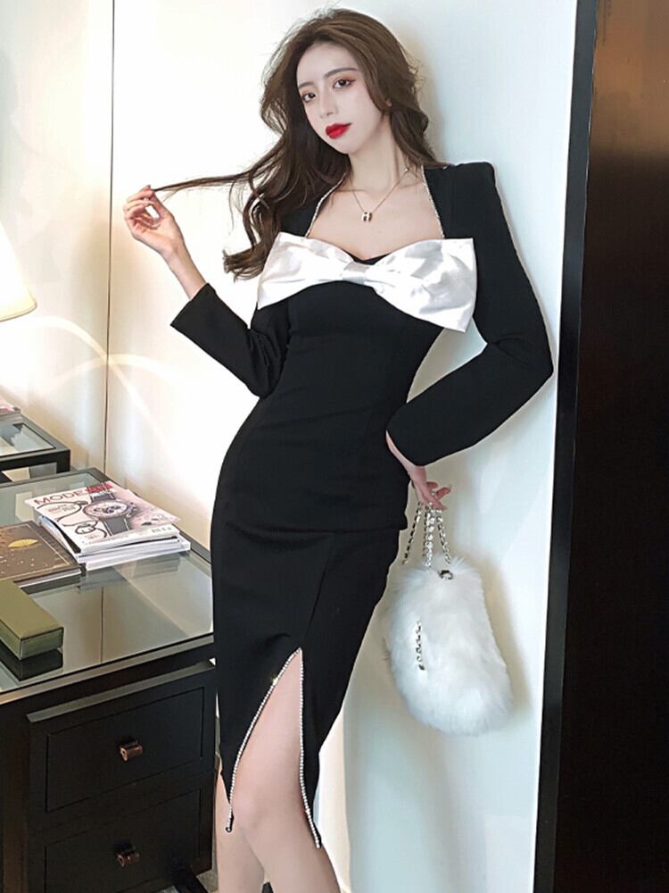 スタンダードカラーリボンドレス オータムウィンターウェスト薄手スカート レトロ エレガント 秋物 冬物 スクウェア ガールズファッション55247572514