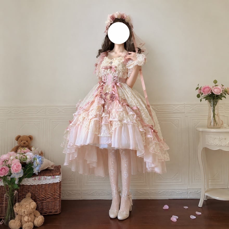 甘ロリ ドレスセット フィッシュテールフリル 薔薇リボン レース