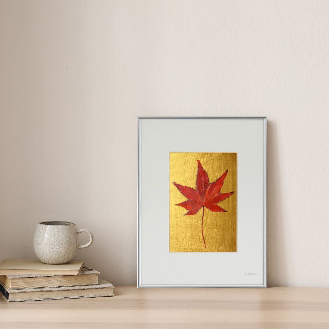 刺繍絵画 額入り 赤竹と紅葉 インテリア アート F4 紅葉絵