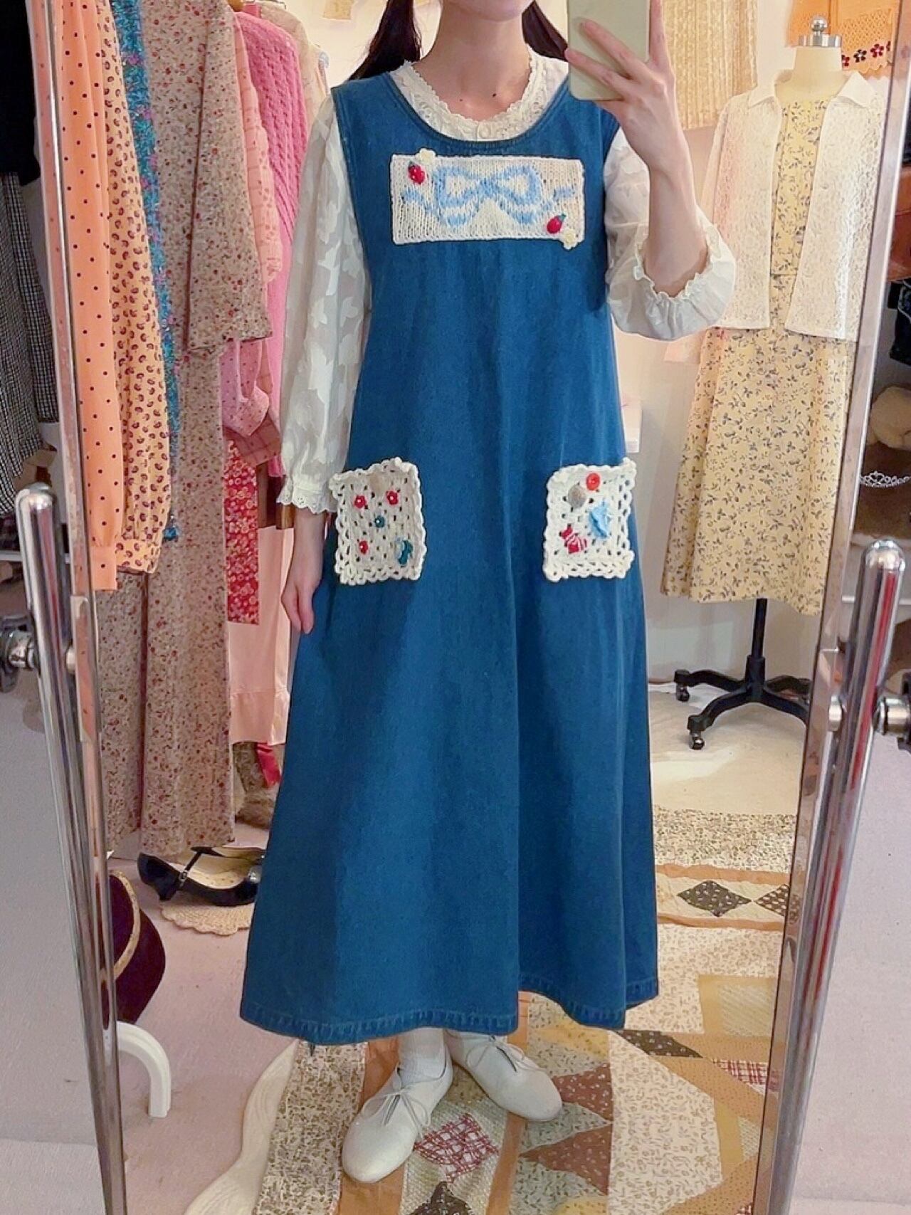 remake ✂︎ blue ribbon frill pocket jumper skirt