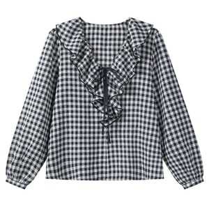 gingham check frill blouse　J00515