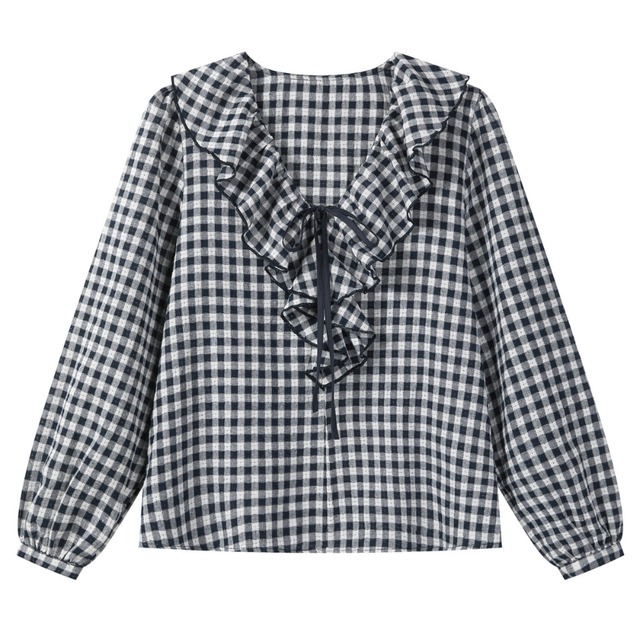 gingham check frill blouse　J00515