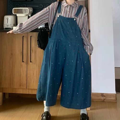 ハート刺繍デニムサロペットパンツ ・12547