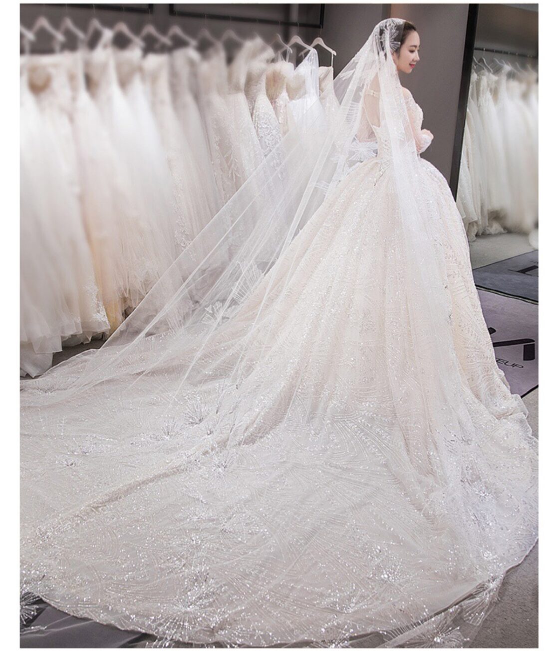 ウエディングドレス レース オフショルダー シースルー袖 トレーン  