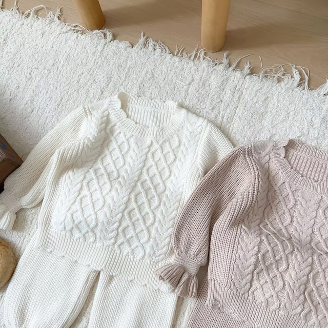 【取寄】くしゅっとが可愛いスカラップケーブルニットトップス