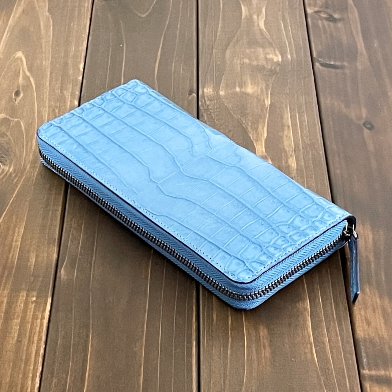 藍染 クロコダイル 長財布 淡藍