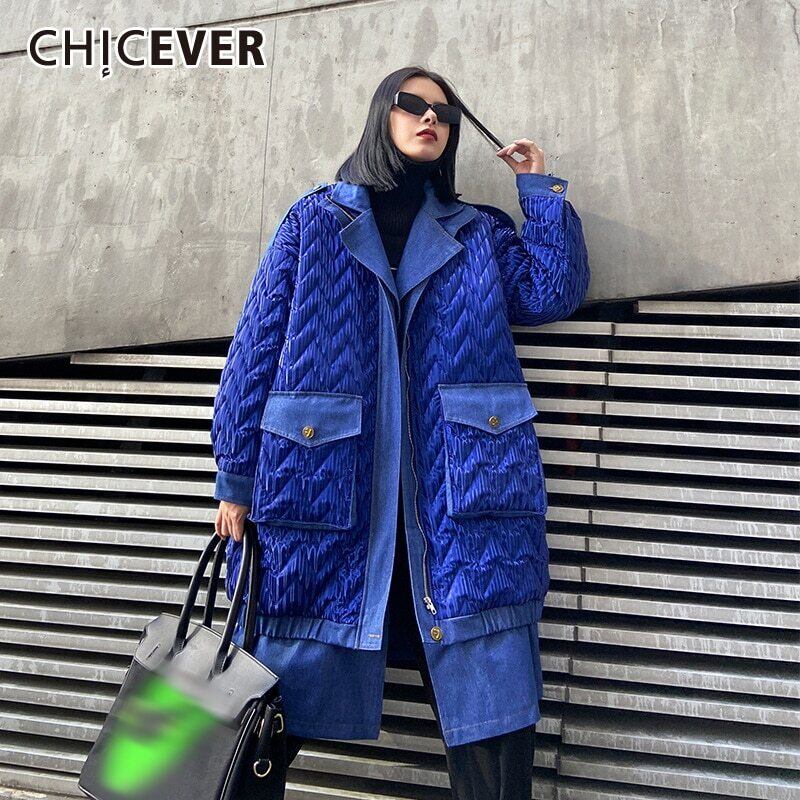 CHICEVERパッチワークコットンコート女性スタンドカラー長袖ストレート特大コート冬 ロング ウィンター 冬物 6base515703327709