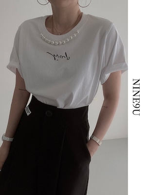 pearl letter crew-neck t-shirt 3color【NINE7875】