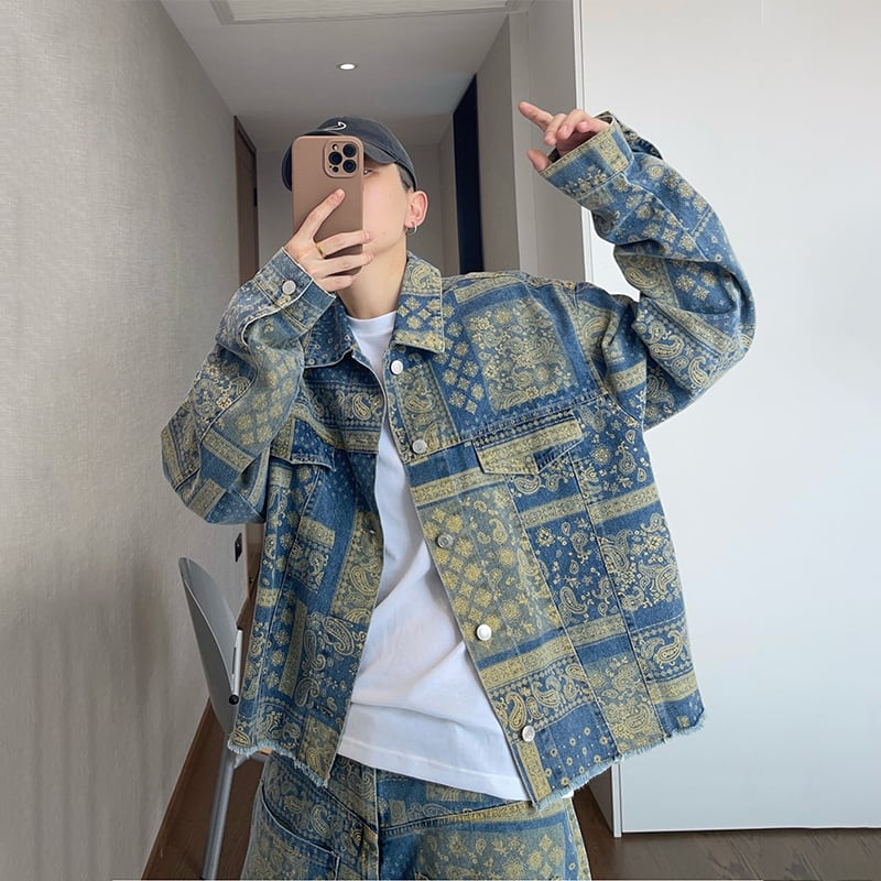 dannyandzeeペイズリー柄ボックスカラーデニムジャケット