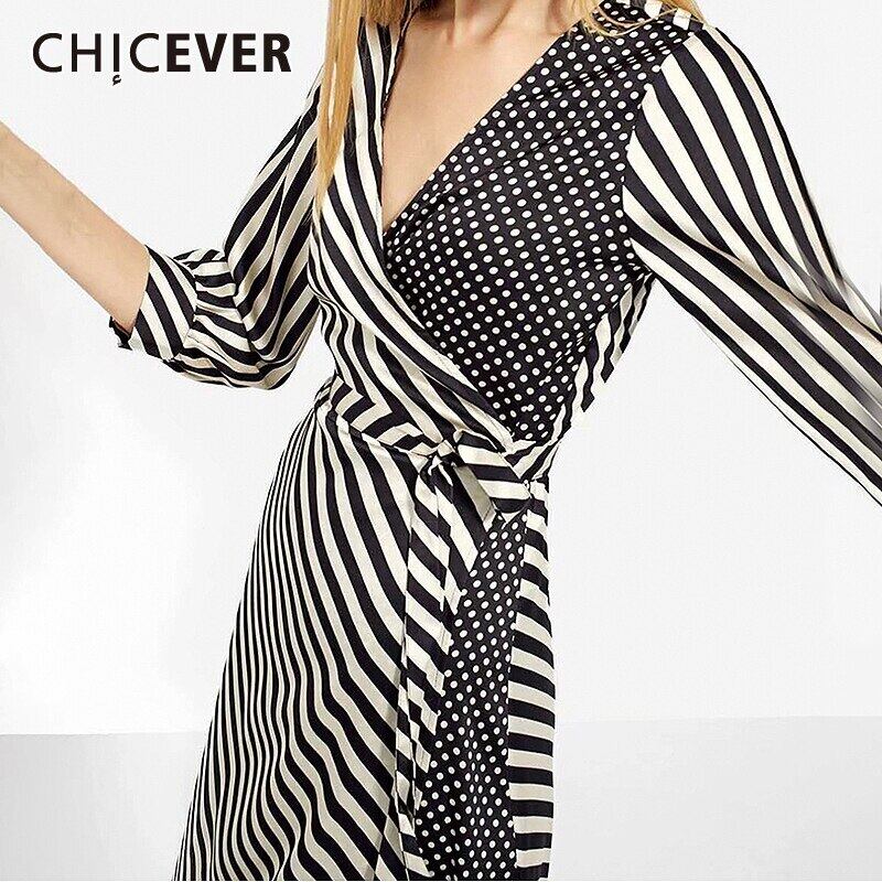 CHICEVERスプリングストライプドレスVネックウエスト包帯パッチワークドットアシンメトリーレディースドレス2020 春物 6base587427580122