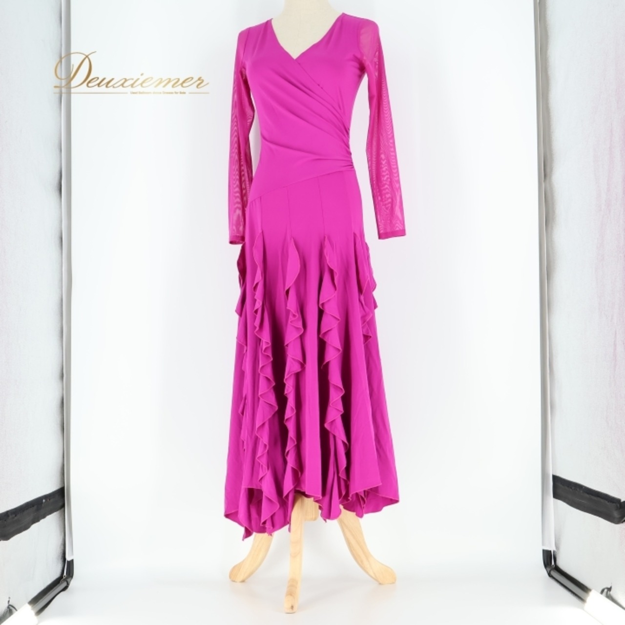 フラメンコ 衣装 ワンピース ドレス ピンク 紫 伸縮 ストレッチ パーティ 発表会 無地 レース 長袖 YONKI 社交ダンス レッスン 練習着 パープル系 ピンク系 スカート ダンス衣装 レディース おしゃれ イベント用 かわいい