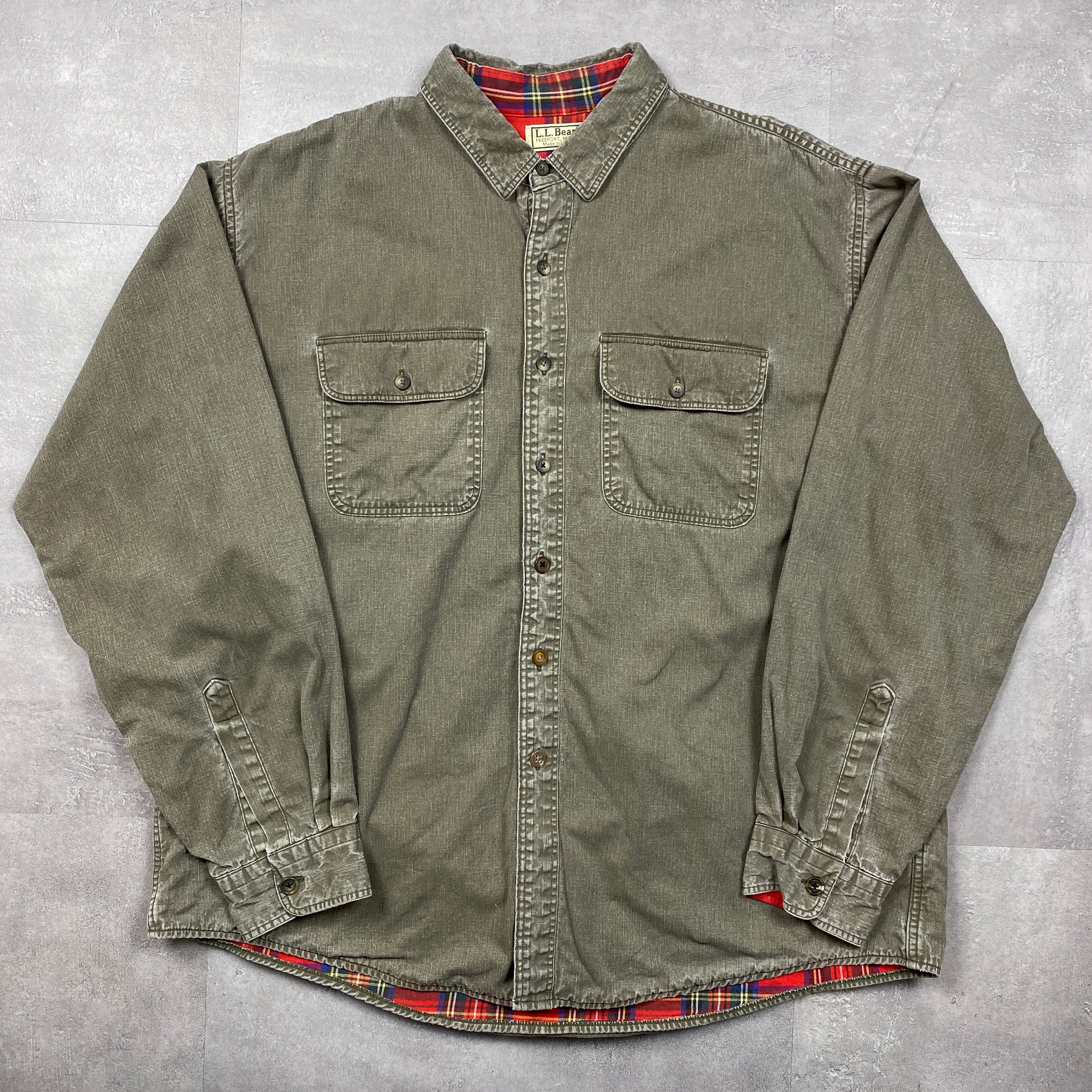 《XL》 L.L.Bean エルエルビーン 長袖シャツ 裏チェック カーキ USA製 80年代〜 vintage No.4183