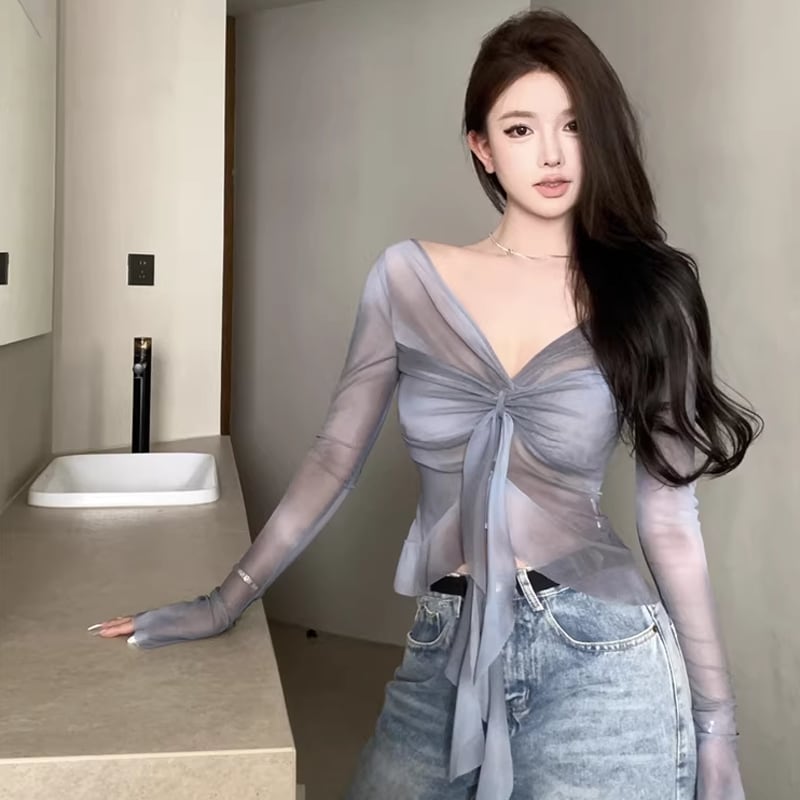 【tops】透け感チュールトップス Q8301