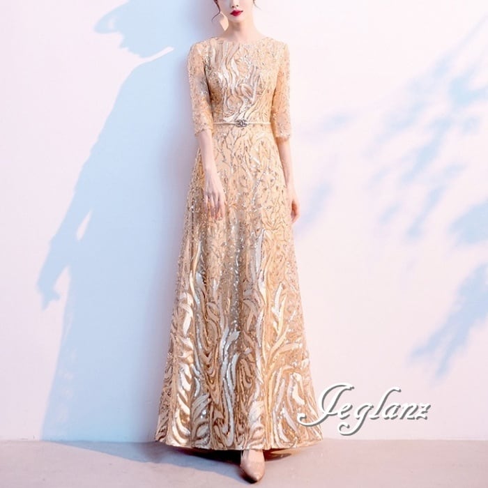 3色 パーティ イブニングドレス モチーフ ラメ キラキラ 光沢感 5分袖( M5351)ζ