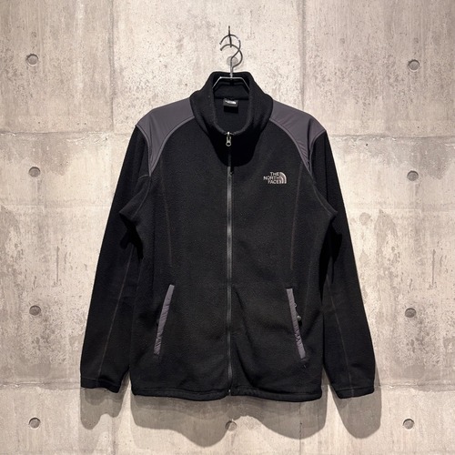 THE NORTH FACE ザノースフェイス フルジップ フリースジャケット XL ブラック グレー肩切替 前後ロゴ刺繍