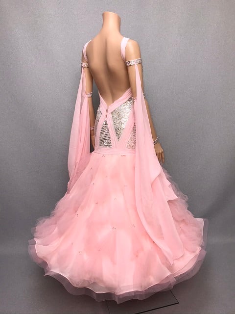 ハイクオリティAUドレス　スパンコール ドレス　社交ダンス ドレス　スタンダード　モダン　ベビーピンク　M　ST-101　デモ・競技用ドレス　発表会　衣装　パーティドレス　舞台衣装　ワンピース