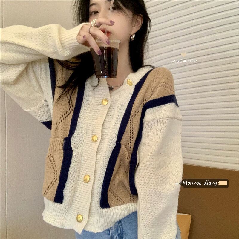 カラーVネックニットカーディガンオータム薄手ルーズセーター コート ジャケット ロング 秋物 モンロー93385431457