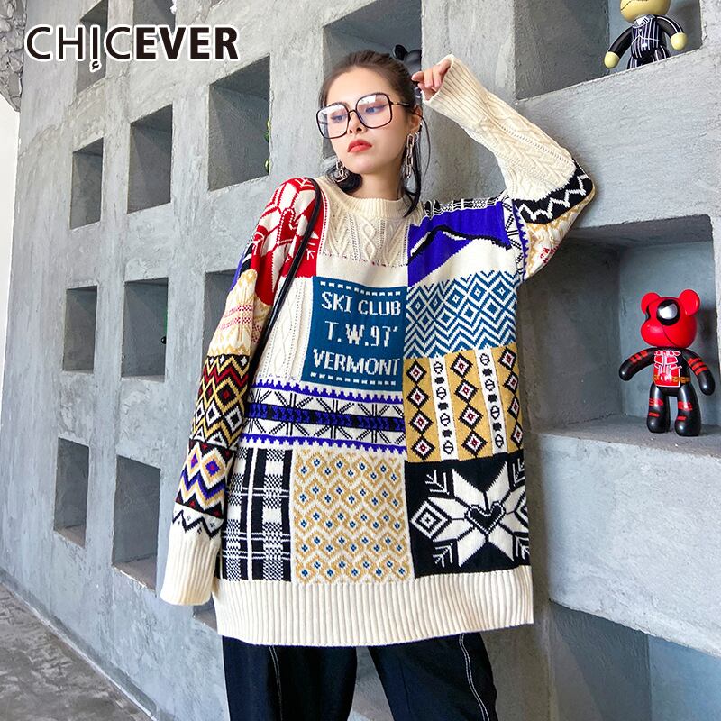 CHICEVERルースセーター女性長袖ヒットカラープリントニット特大プルオーバー2020スタイル ロング 6base568433530579