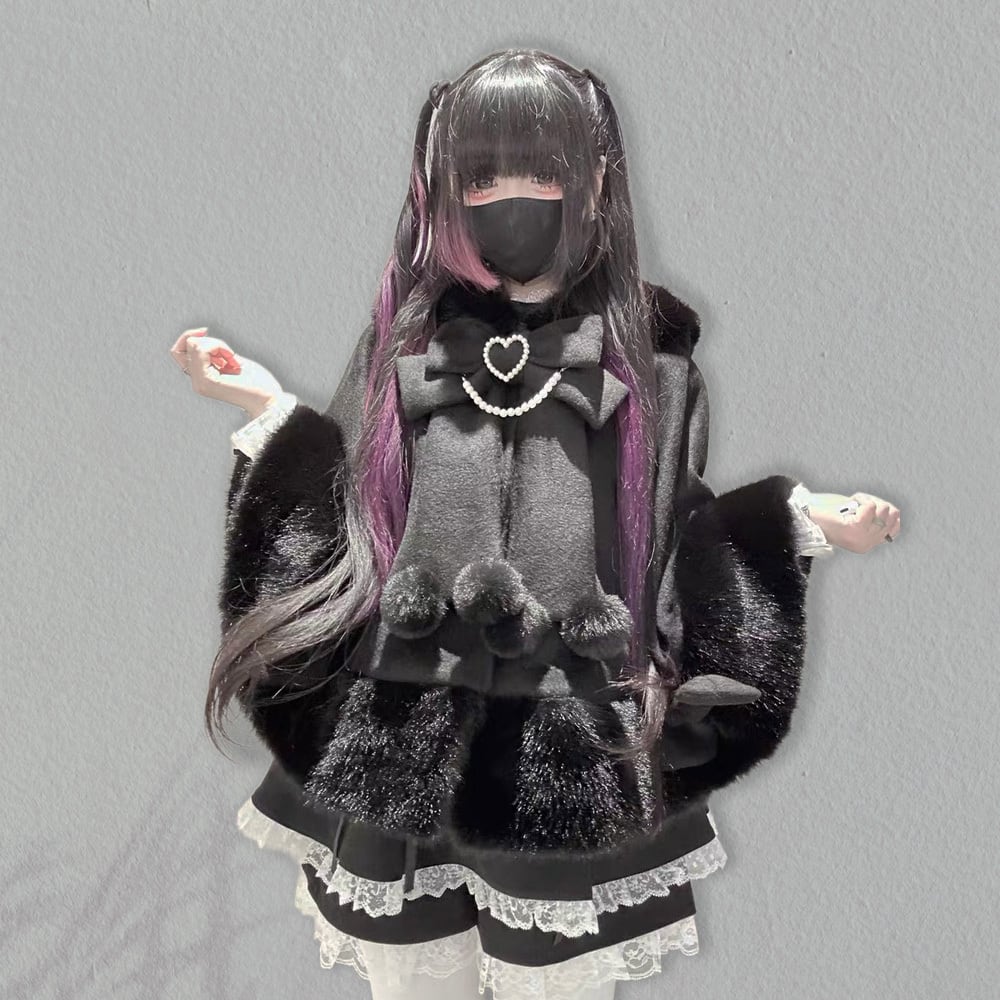 Myurina 地雷系 猫耳ボリュームファーポンチョコート ケープコート