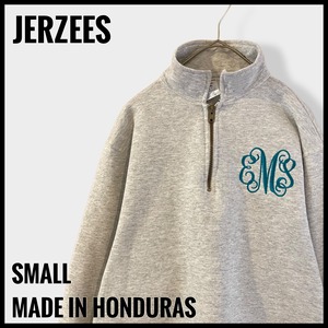 【JERZEES】刺繍ロゴ ワンポイント ハーフジップ スウェット プルオーバー グレー S US古着