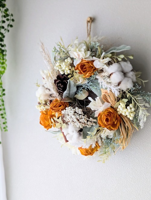 【White Grass Wreath】アンバードライドローズ×ドライコットン×パンパスグラス×ラムズイヤー