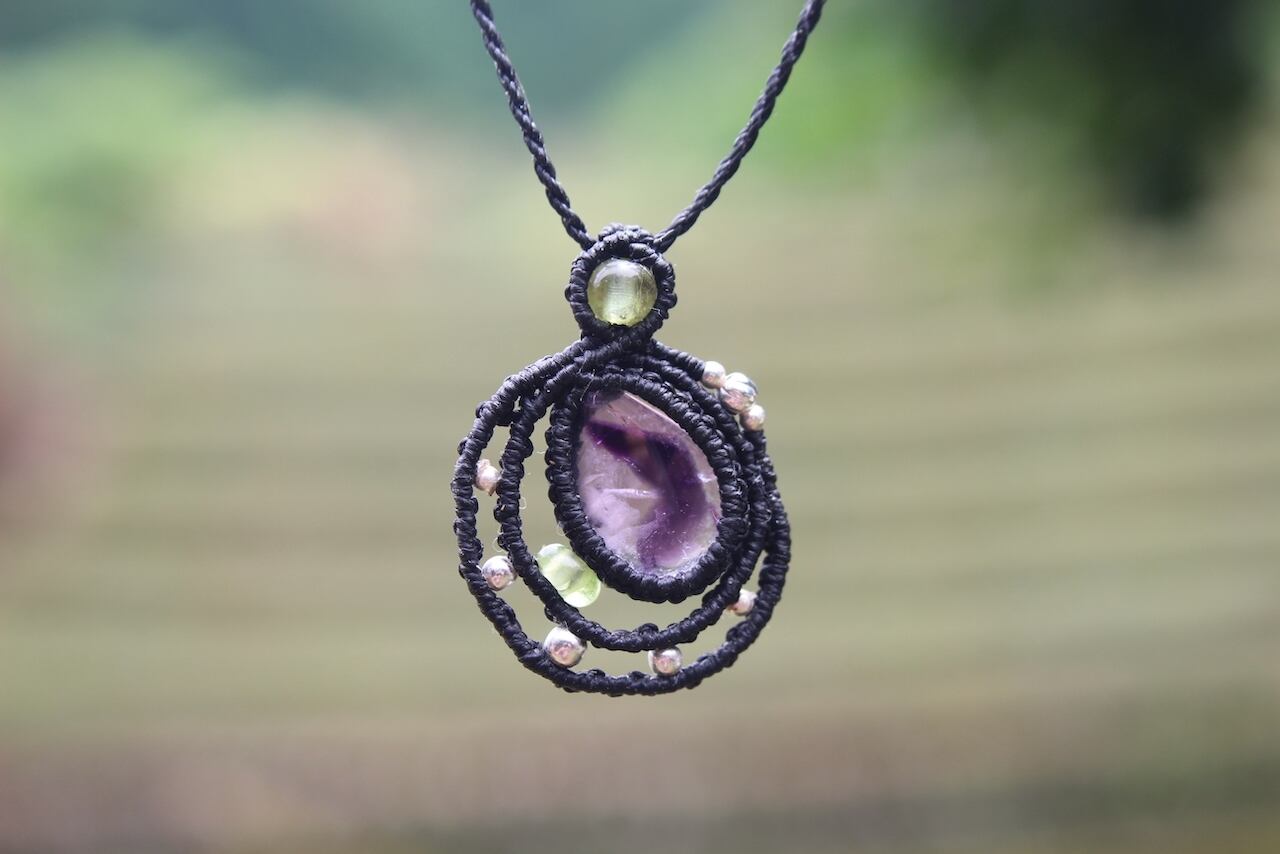 Trapiche amethyst micromacrame moon pendant