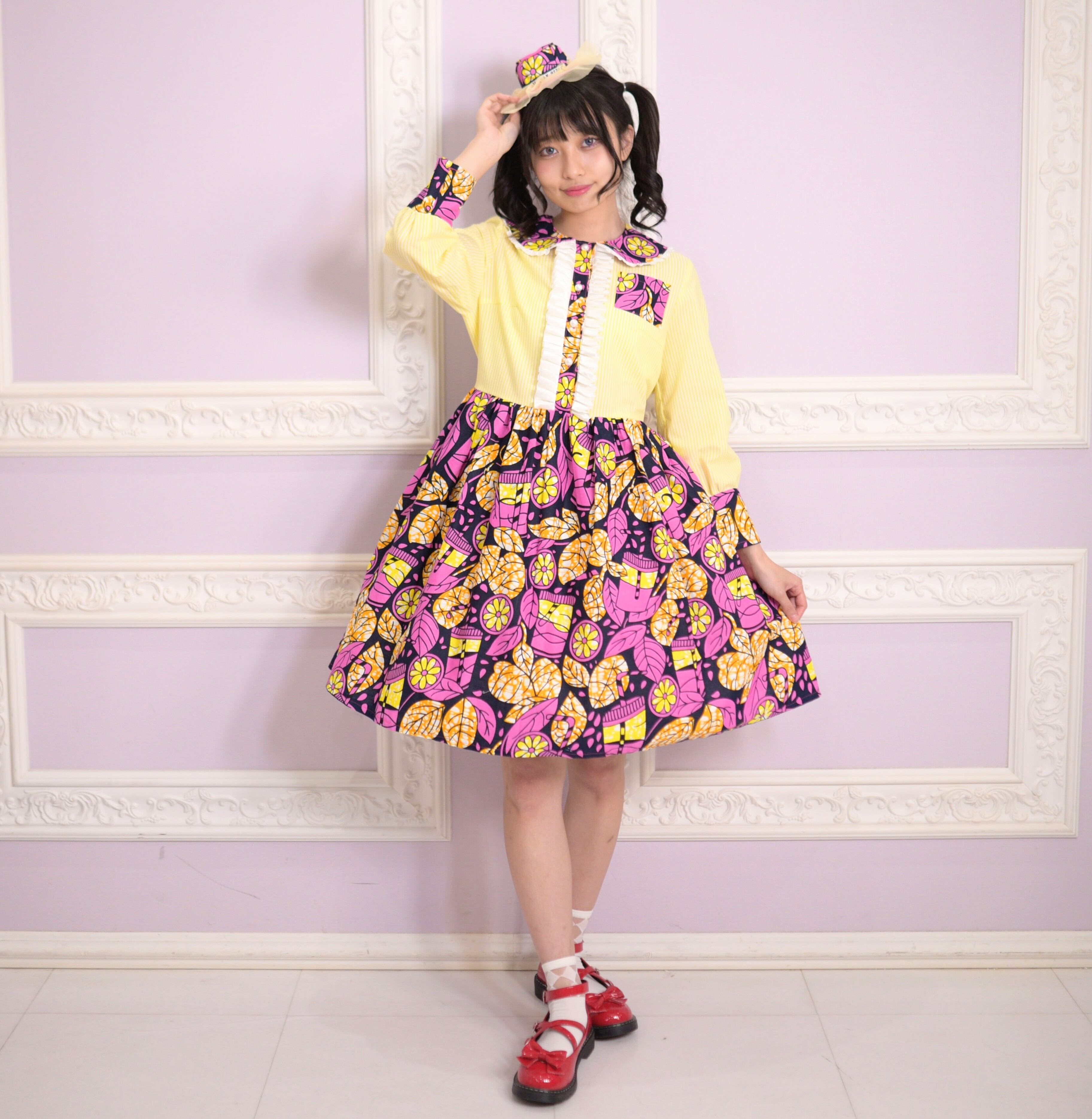 ピンクワンピ、パフェワンピ 一点物】ピンクレモネードダイナーワンピース（共布ヘッドドレス付