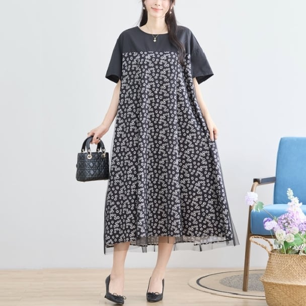 ロングワンピース 小花柄 チュール レイヤードフレア N83-114 フリー TRUBE M L 大人可愛い ミセス fmsd キレイメ 普段着 おしゃれ着 デイリーファッション 大人スタイル 婦人服 可愛い服 30代 40代 50代 60代 洋服 レディース