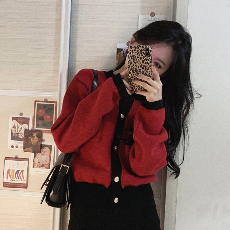 レッドセーター スプリングニットカーディガンジャケット トップス 春物 試着室35852241208