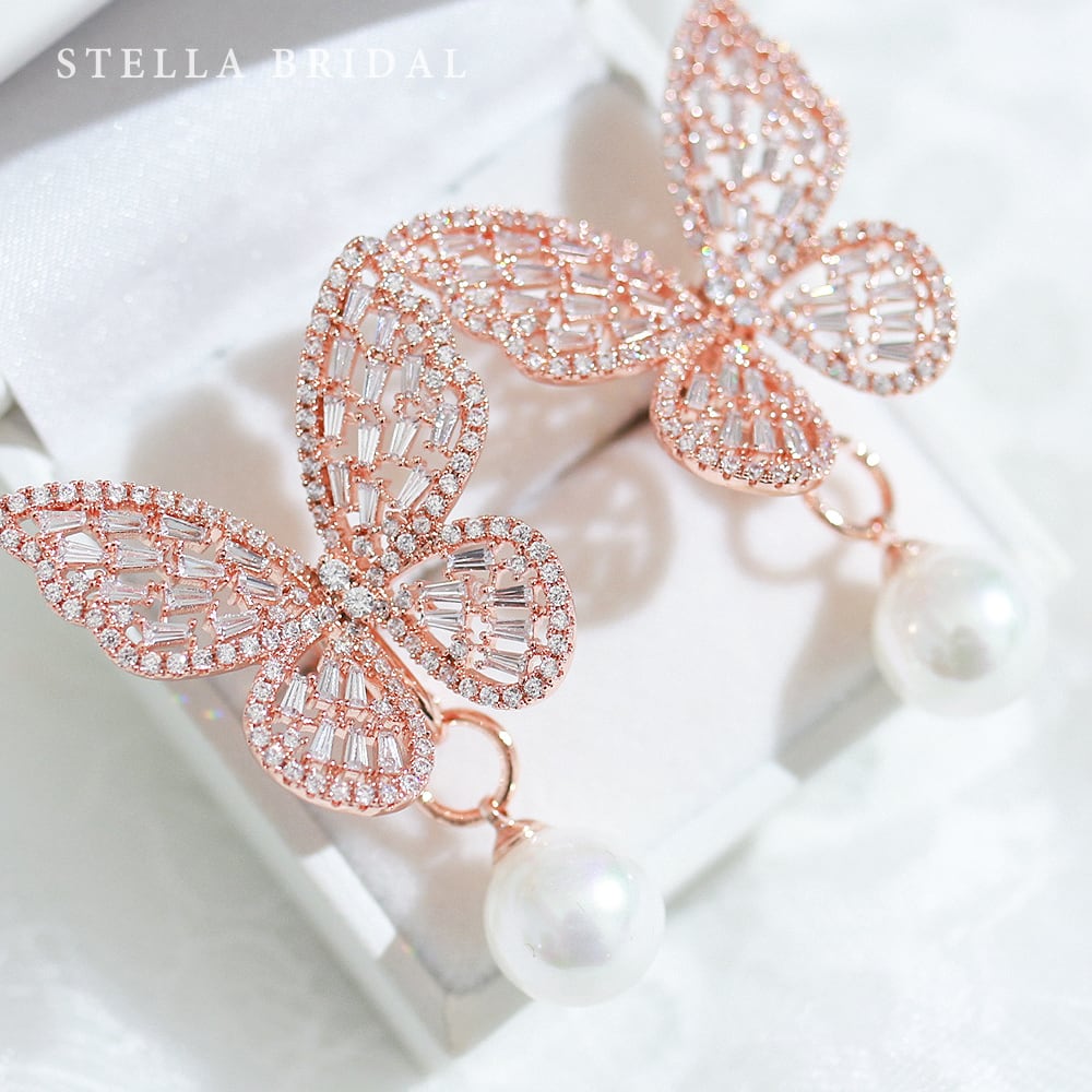 2WAY*キュービックジルコニア バタフライ ウェディングピアス&イヤリング Papillon II - パピヨンII ドロップパール ピンクゴールド|ブライダルアクセサリー