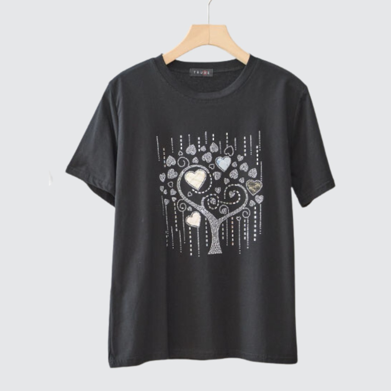 TRUBE ラインストーンハートモチーフ半袖Tシャツ【M~L】ブラック