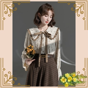 ♦クラシックリボン襟フリルデザインブラウス♦trnd036