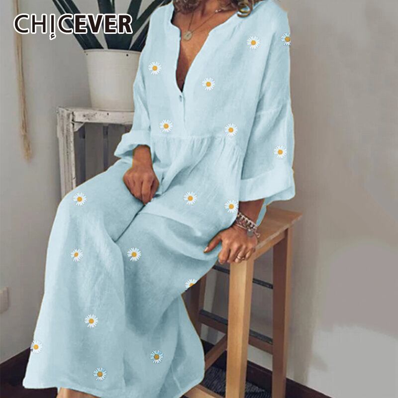 CHICEVERプリントヒットカラードレスレディースVネック長袖プラスサイズルーズマキシドレス2020年夏服 ロング 大きめサイズ サマー 夏物 6base590991513573