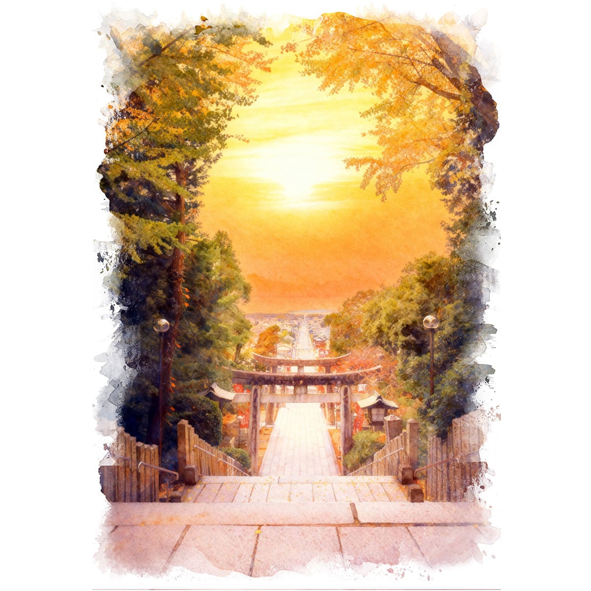 絵画 日本 夕暮れの福岡県 宮地嶽神社の風景 インテリアアート額付き 水彩画・油絵風 WAT0028