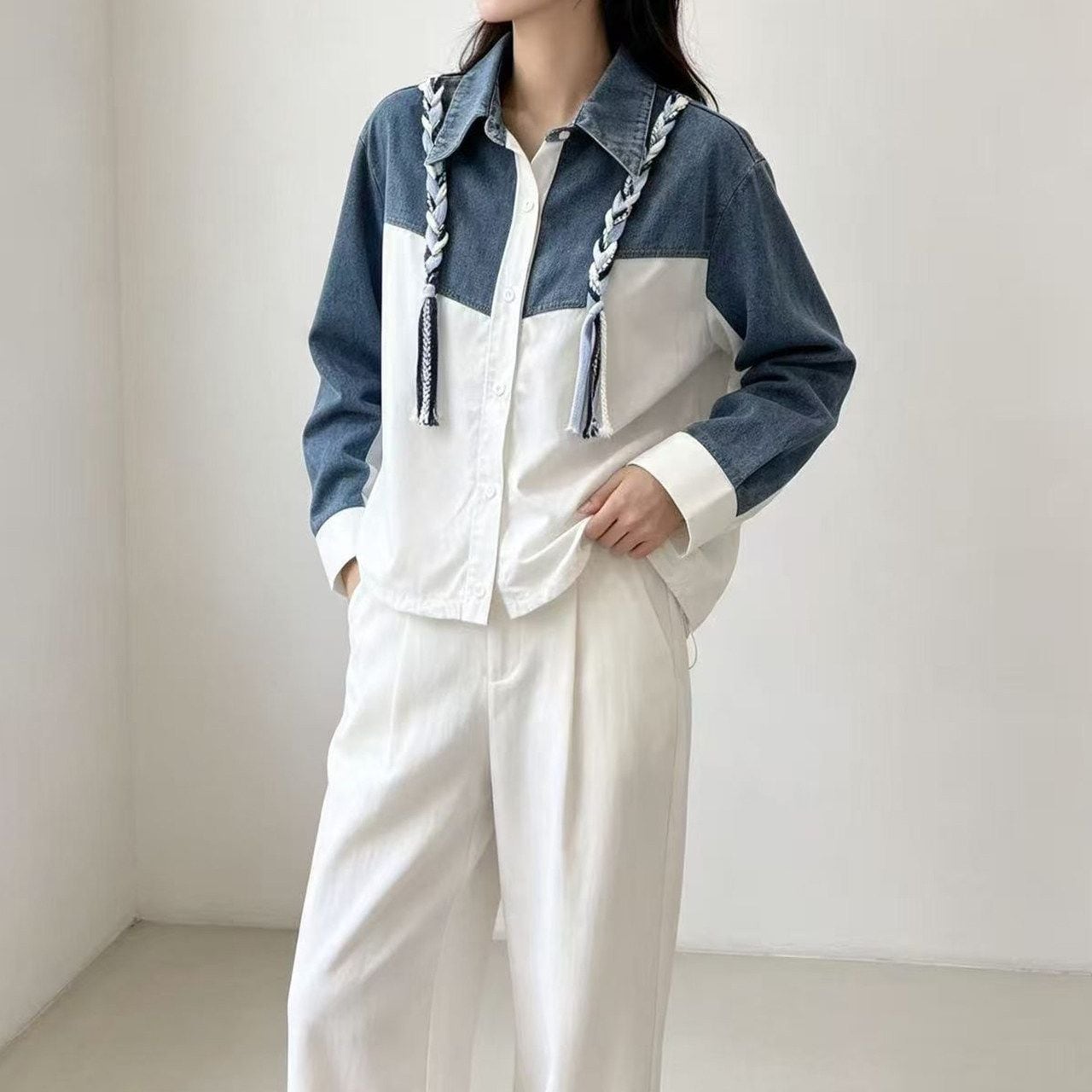 DENIM CONTRAST TASSEL RELAXED SHIRT TOP M-18131